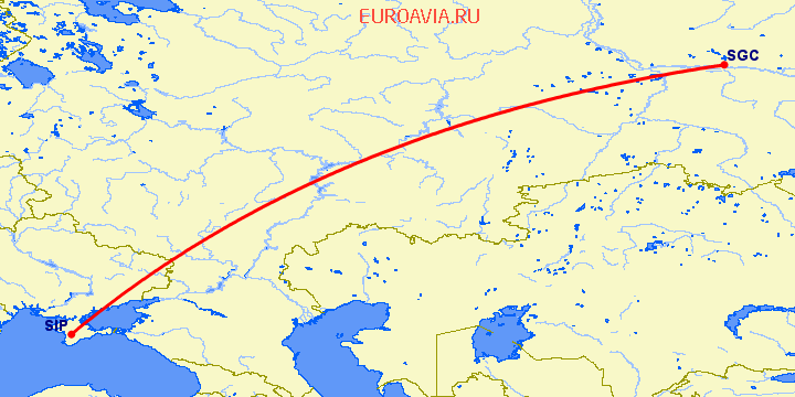 перелет Сургут — Симферополь на карте