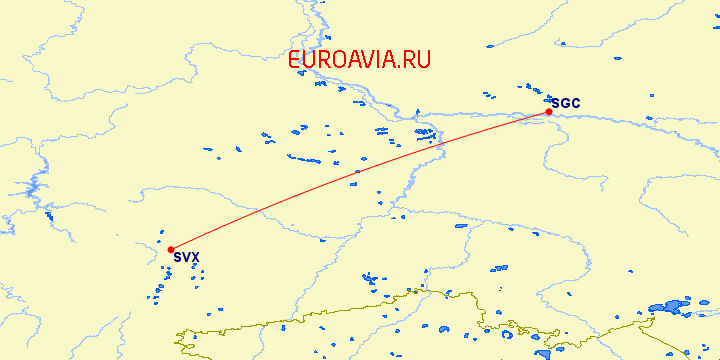 перелет Сургут — Екатеринбург на карте