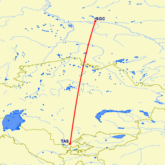 перелет Сургут — Ташкент на карте