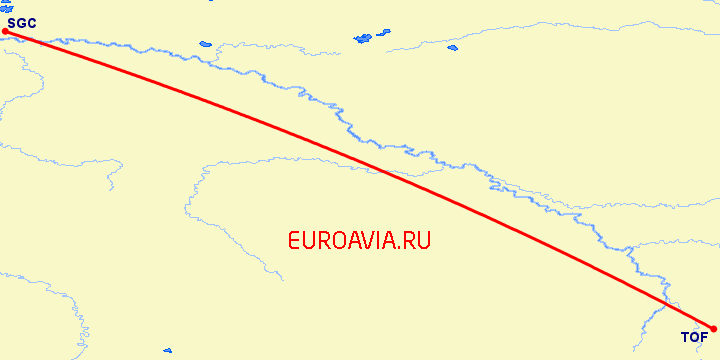 перелет Сургут — Томск на карте