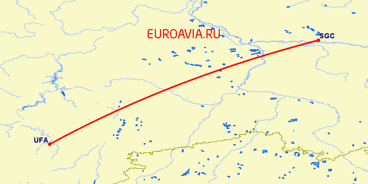 перелет Сургут — Уфа на карте