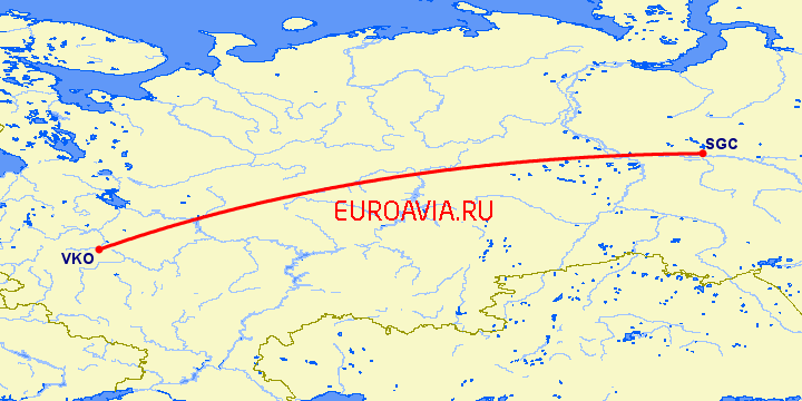 перелет Сургут — Москва на карте