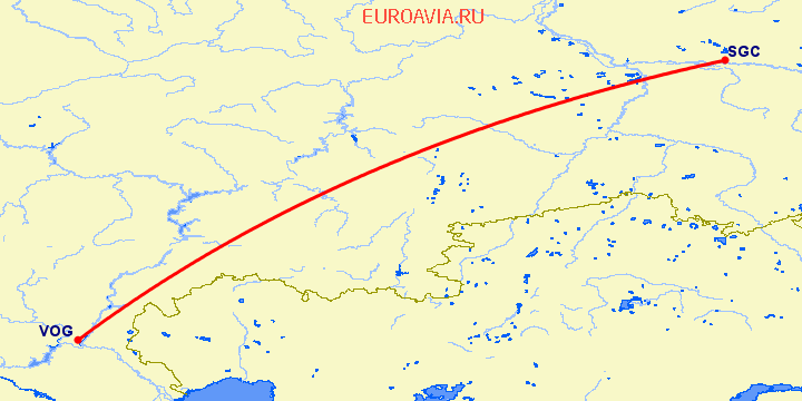 перелет Сургут — Волгоград на карте