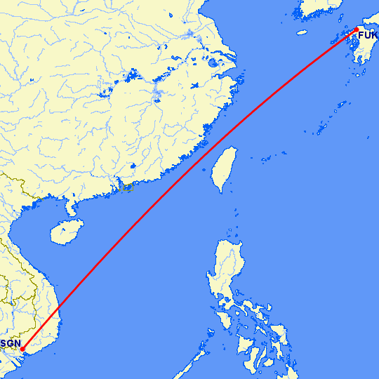 перелет Хошимин — Фукуока на карте