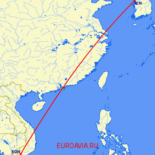 перелет Хошимин — Сеул на карте