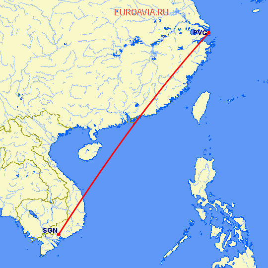 перелет Хошимин — Шанхай на карте