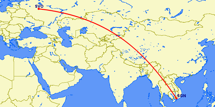 перелет Хошимин — Москва на карте