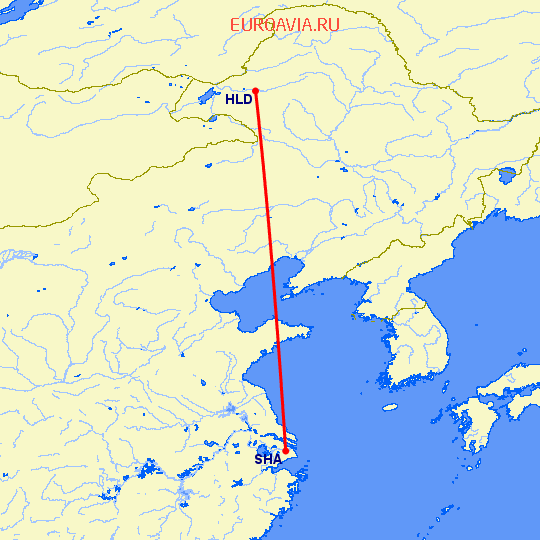 перелет Шанхай — Хайлар на карте