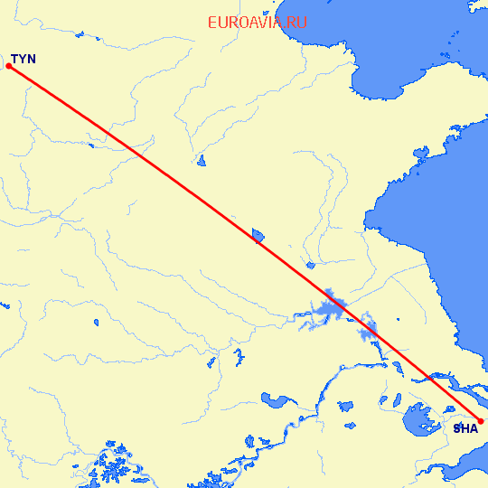 перелет Шанхай — Тайюань на карте