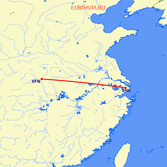 перелет Шанхай — Сянфань на карте