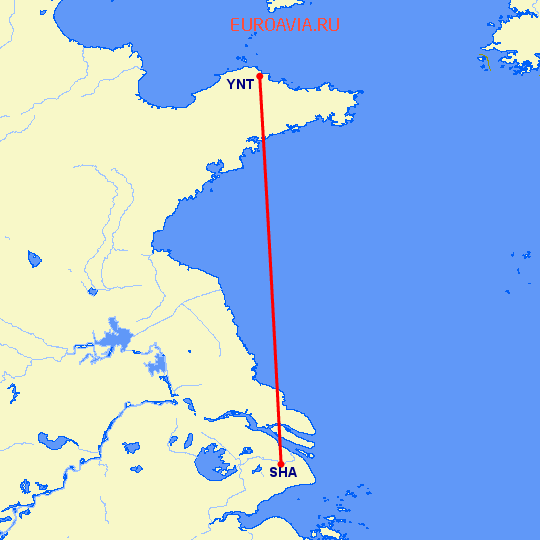 перелет Шанхай — Янтай на карте