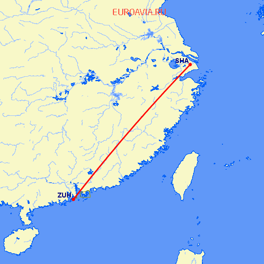 перелет Шанхай — Чжухай на карте