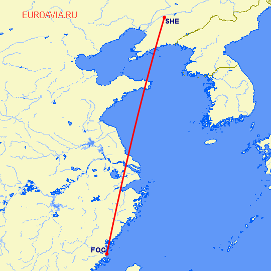 перелет Шеньян — Фучжоу на карте