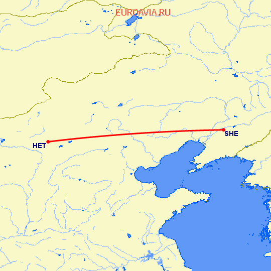 перелет Шеньян — Хоххот на карте