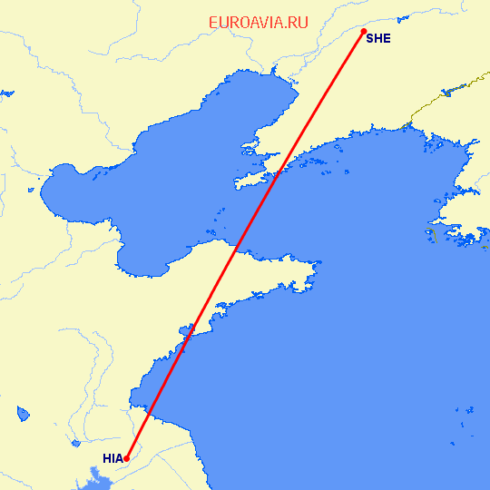 перелет Шеньян — Хуайань на карте