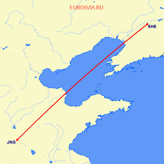 перелет Шеньян — Цзинин на карте