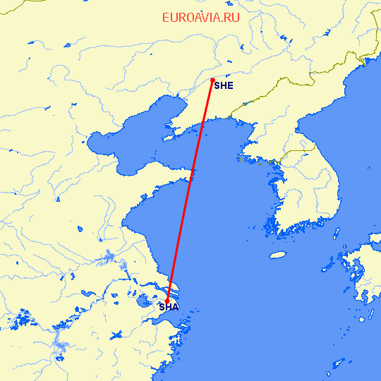 перелет Шеньян — Шанхай на карте