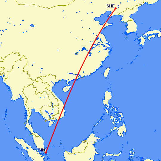 перелет Шеньян — Сингапур на карте