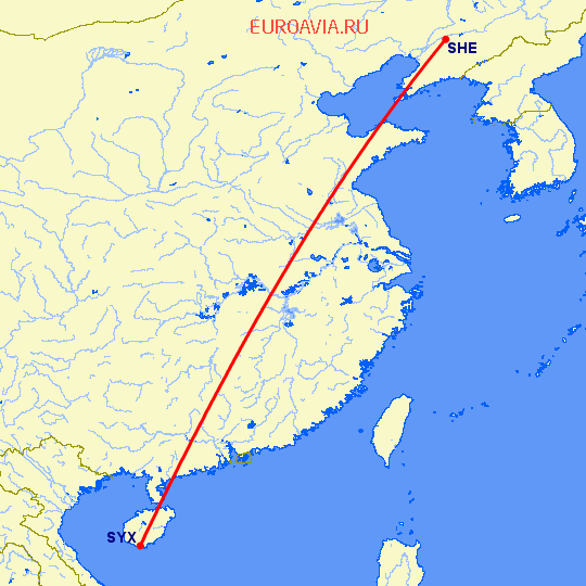 перелет Шеньян — Санья на карте