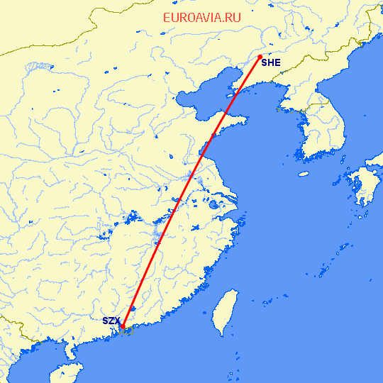 перелет Шеньян — Шэньчжэнь на карте
