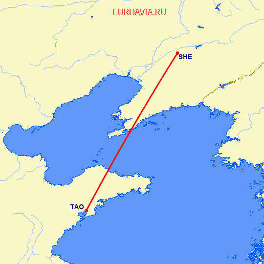 перелет Шеньян — Куаньдян на карте