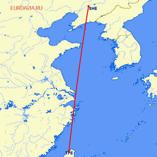 перелет Шеньян — Тайбэй на карте