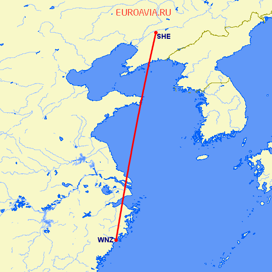перелет Шеньян — Венчжоу на карте