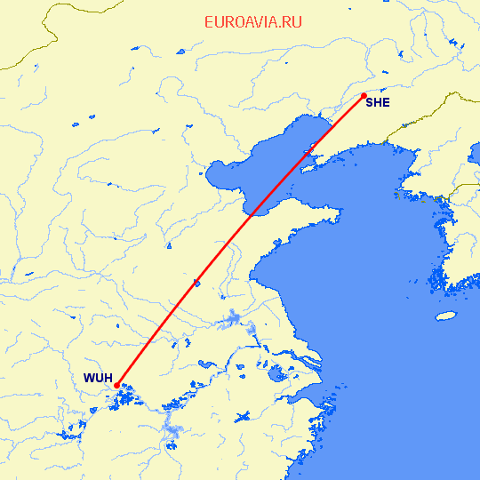 перелет Шеньян — Вухан на карте