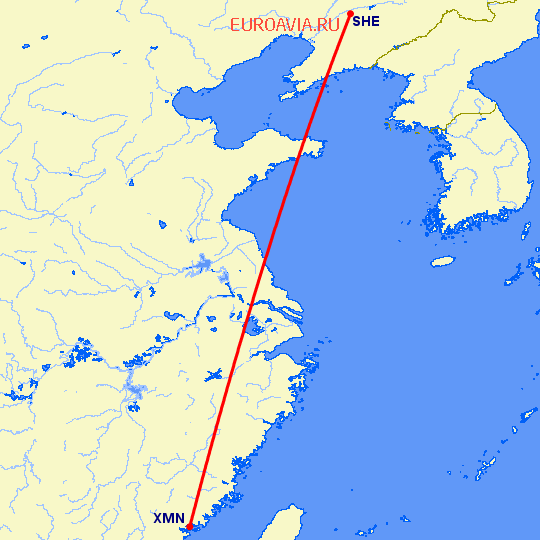 перелет Шеньян — Сямэнь на карте
