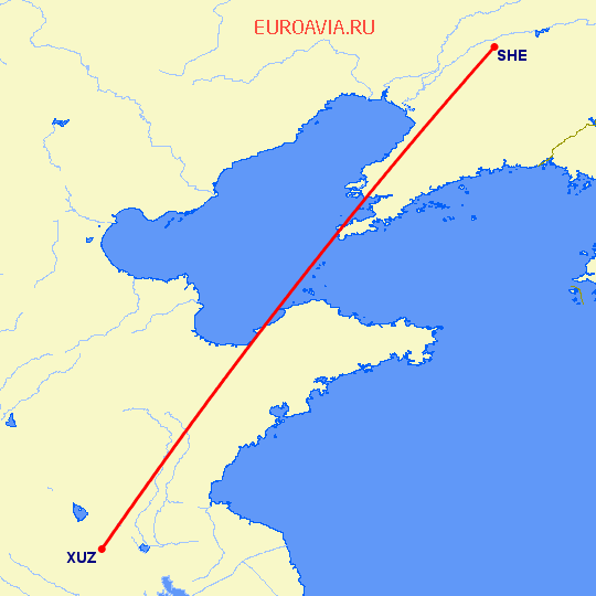 перелет Шеньян — Хучжоу на карте