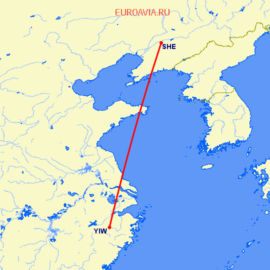 перелет Шеньян — Иву на карте