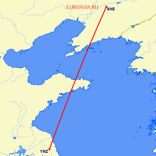 перелет Шеньян — Яньчэн на карте