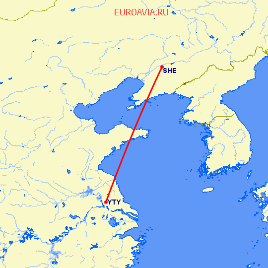 перелет Шеньян — Янчжоу на карте