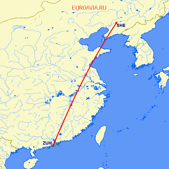перелет Шеньян — Чжухай на карте