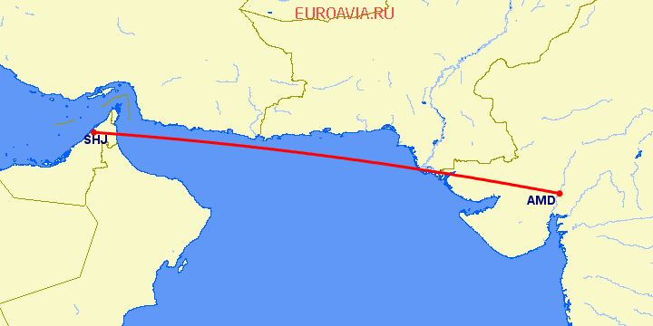 перелет Шарджа — Ахмедабад на карте