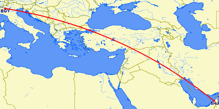 перелет Шарджа — Бергамо на карте
