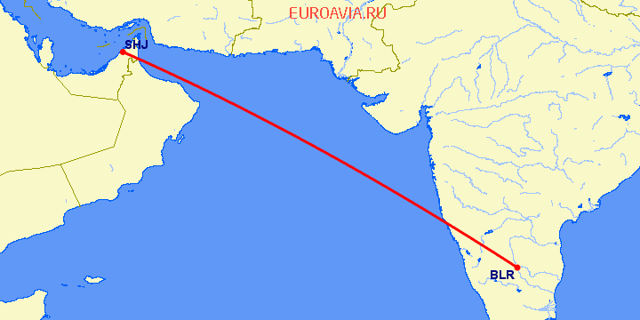 перелет Шарджа — Бангалор на карте