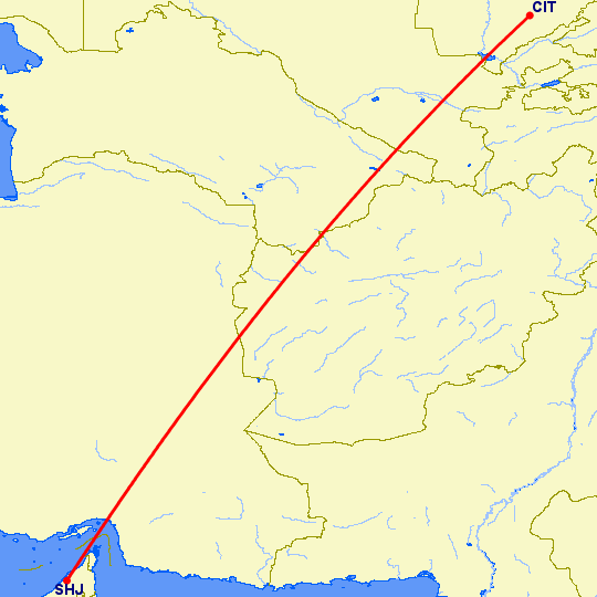 перелет Шарджа — Чимкент на карте