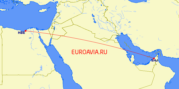 перелет Шарджа — Александрия на карте