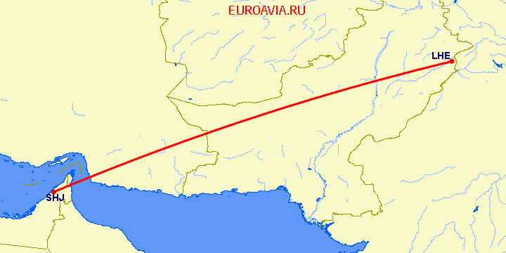 перелет Шарджа — Лахор на карте
