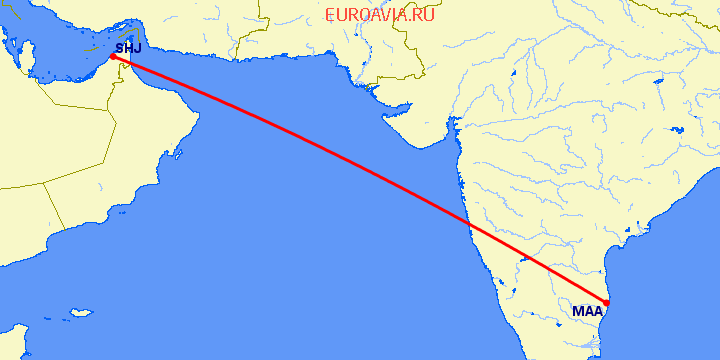 перелет Шарджа — Мадрас Ченнай на карте