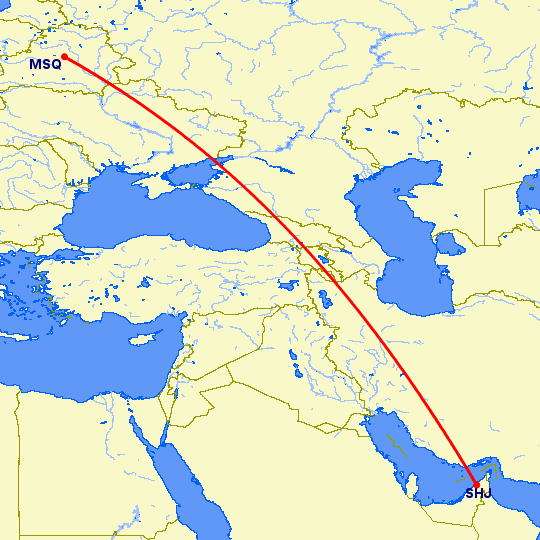 перелет Шарджа — Минск на карте