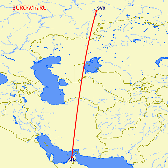 перелет Шарджа — Екатеринбург на карте