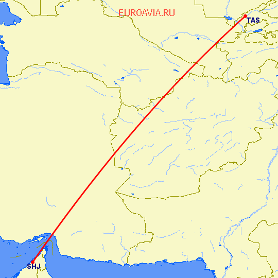 перелет Шарджа — Ташкент на карте