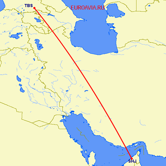 перелет Шарджа — Тбилиси на карте