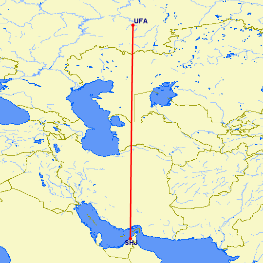 перелет Шарджа — Уфа на карте