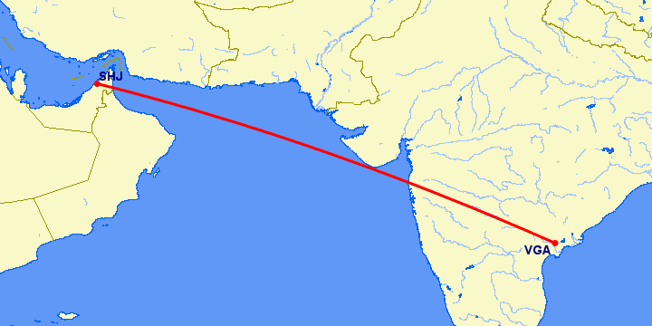 перелет Шарджа — Виджаявада на карте