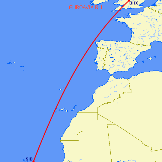 перелет Sal — Бирмингем на карте