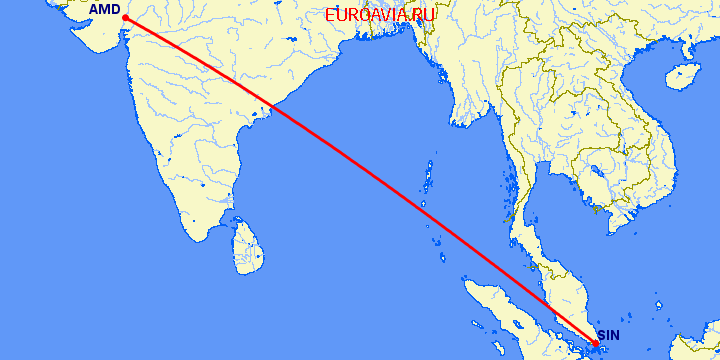 перелет Сингапур — Ахмедабад на карте