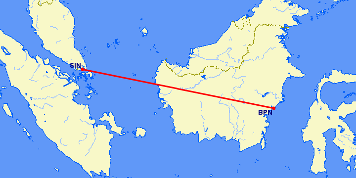 перелет Сингапур — Баликпапан на карте